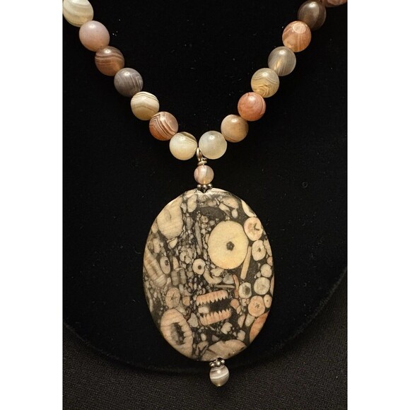 Handmade Wyoming Fossil Stone and Botswana Agate Bead Necklace, 22 Inches - Picture 1 of 13